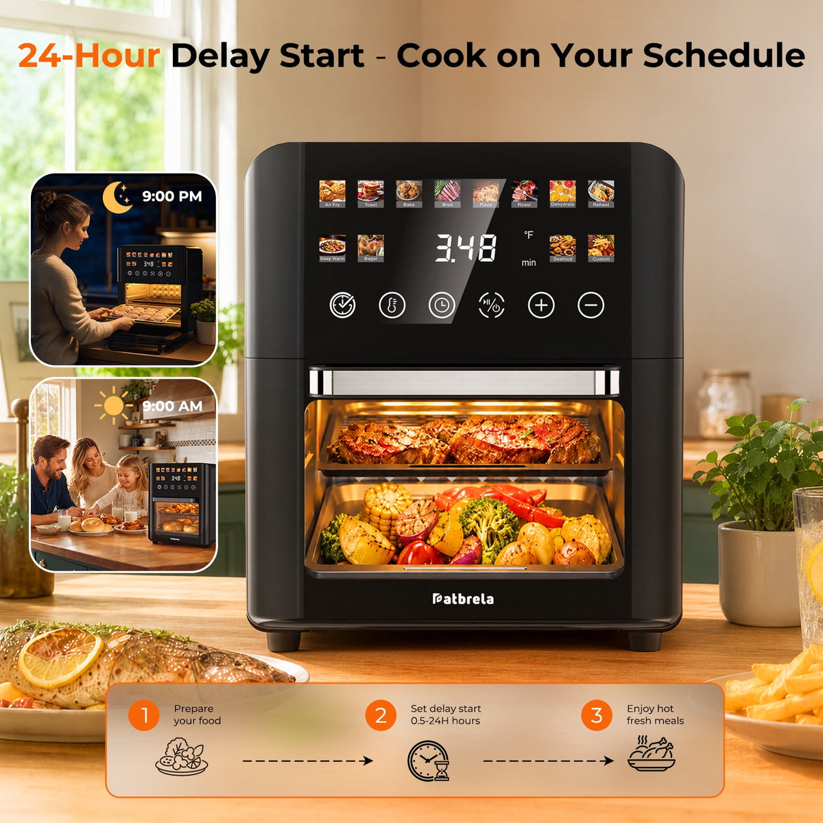 Garly Kitchen 12-Qt Air Fryer Toaster Oven, 24H Delay Start Timer, 12 Preset Menus
