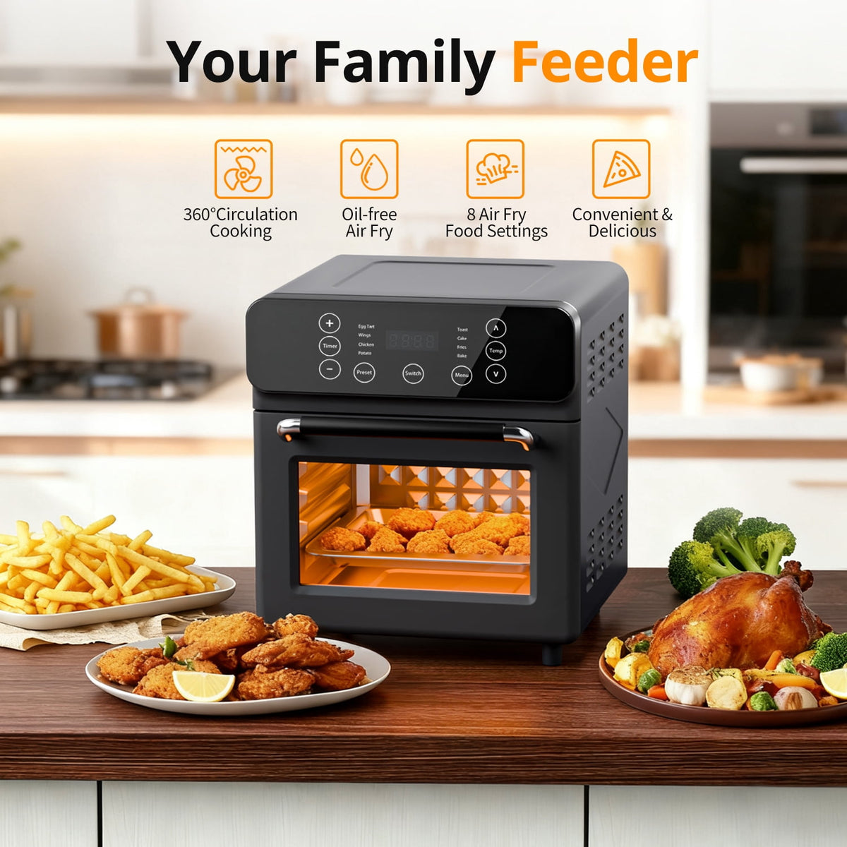Garly Kitchen 10-Qt Air Fryer Oven, 8 Preset Functions, LED Smart Touch Display, Oil-Less Cooking