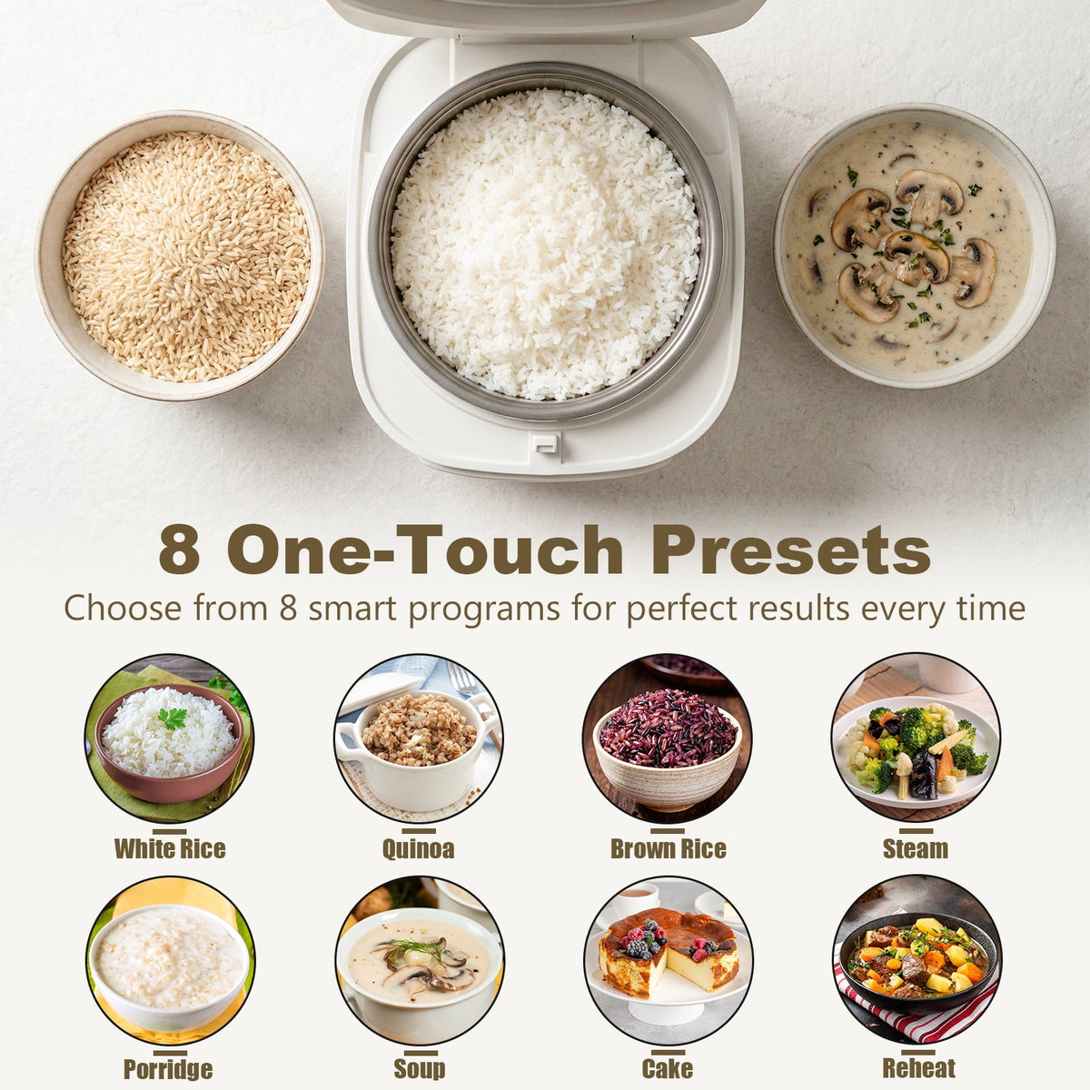 Garly Kitchen Digital Rice Cooker, 8-Cup 5.3-Qt Rice Maker, 8-in-1 Smart Multi-Cooker
