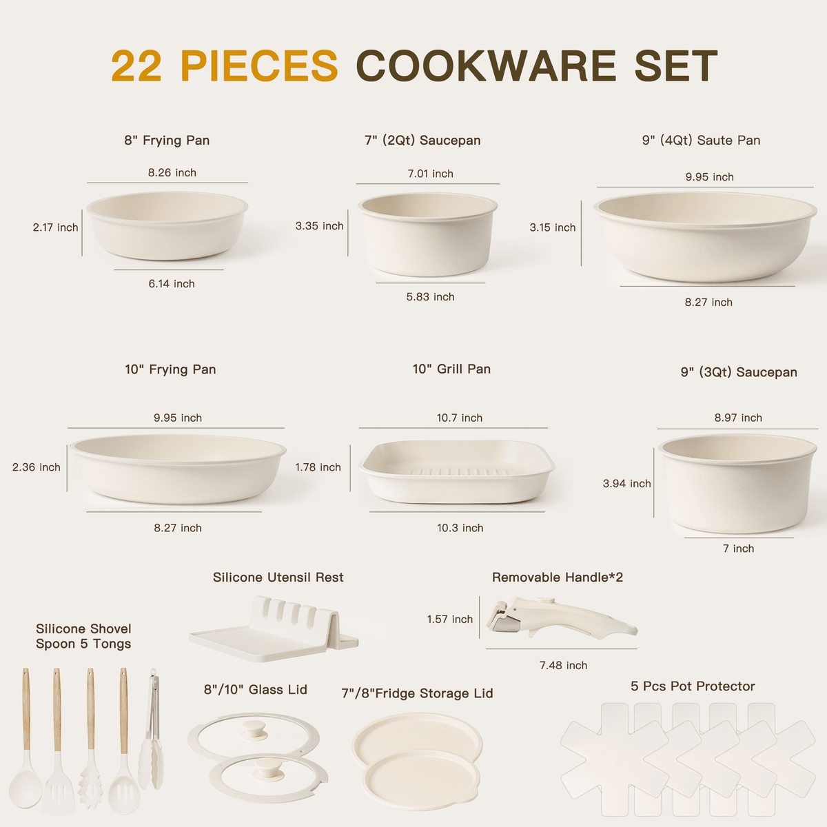 Garly Kitchen 22 Piece Pots and Pans Set Non Stick, Cookware Set with Detachable Handles, Oven Safe