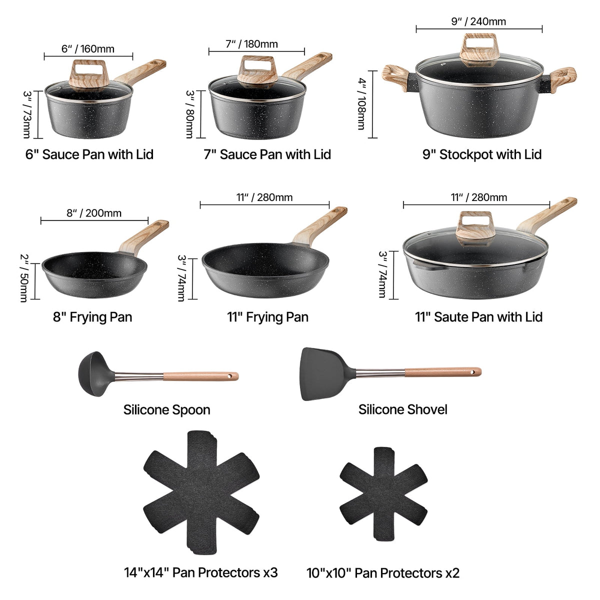 Garly Kitchen 17 Piece Non-stick Cookware Set, Induction + Glass Lids