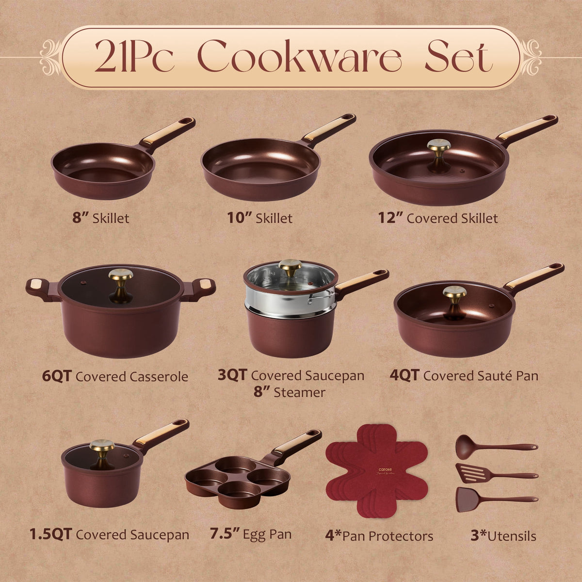 Garly Kitchen Non-Toxic Ceramic Nonstick Pots and Pans Set, 21-Piece Cookware Set with Lids