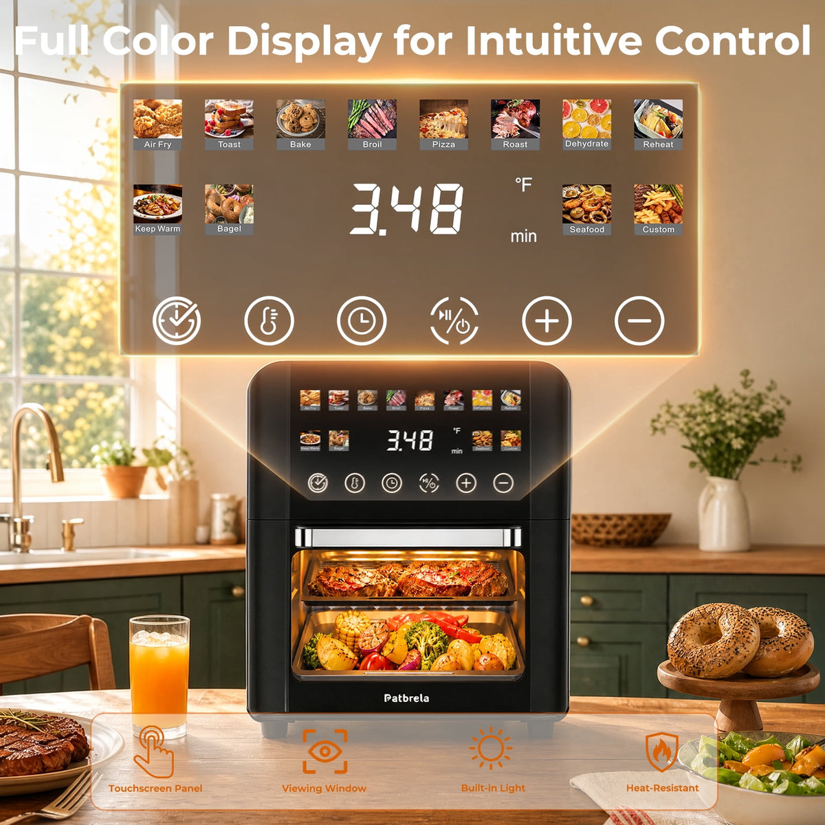 Garly Kitchen 12-Qt Air Fryer Toaster Oven, 24H Delay Start Timer, 12 Preset Menus