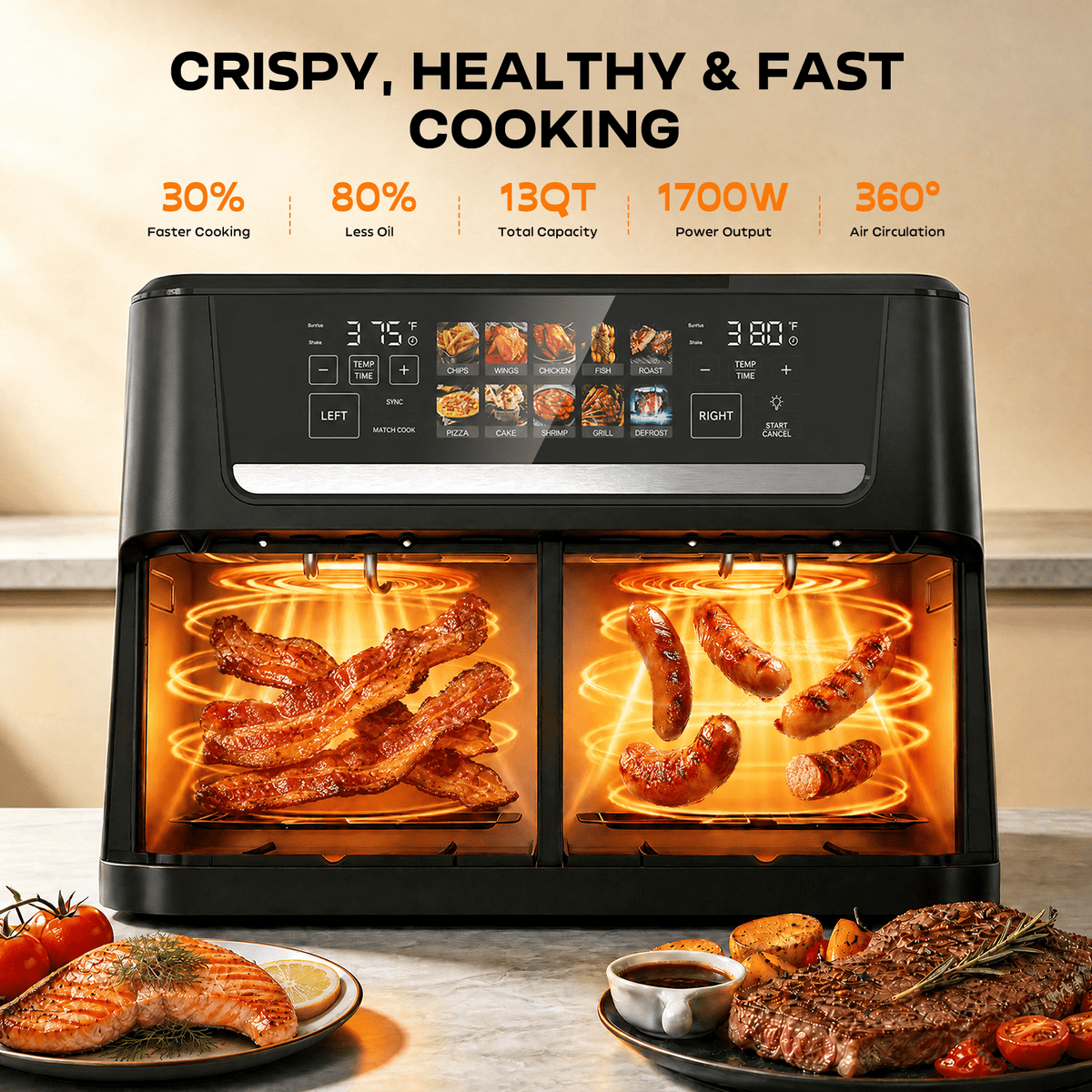 Garly Kitchen 13-Qt Dual Basket Air Fryer Oven, 1700W with Sync and Match Cook