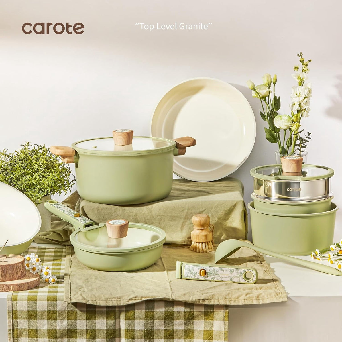 Garly Kitchen 39-Pieces Ceramic Cookware Set, Nonstick Pots and Pans with Floral Detachable Handles