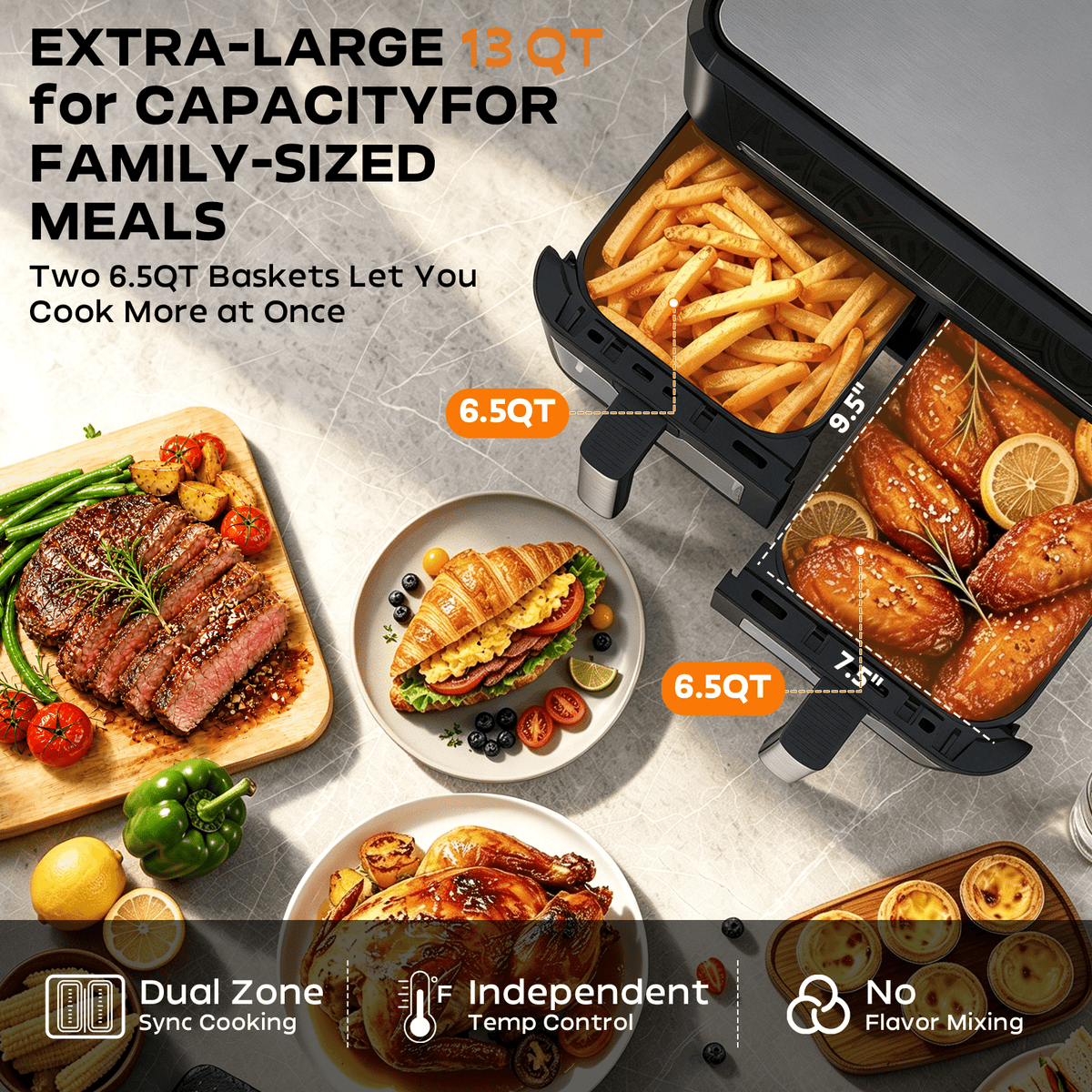 Garly Kitchen 13-Qt Dual Basket Air Fryer Oven, 1700W with Sync and Match Cook