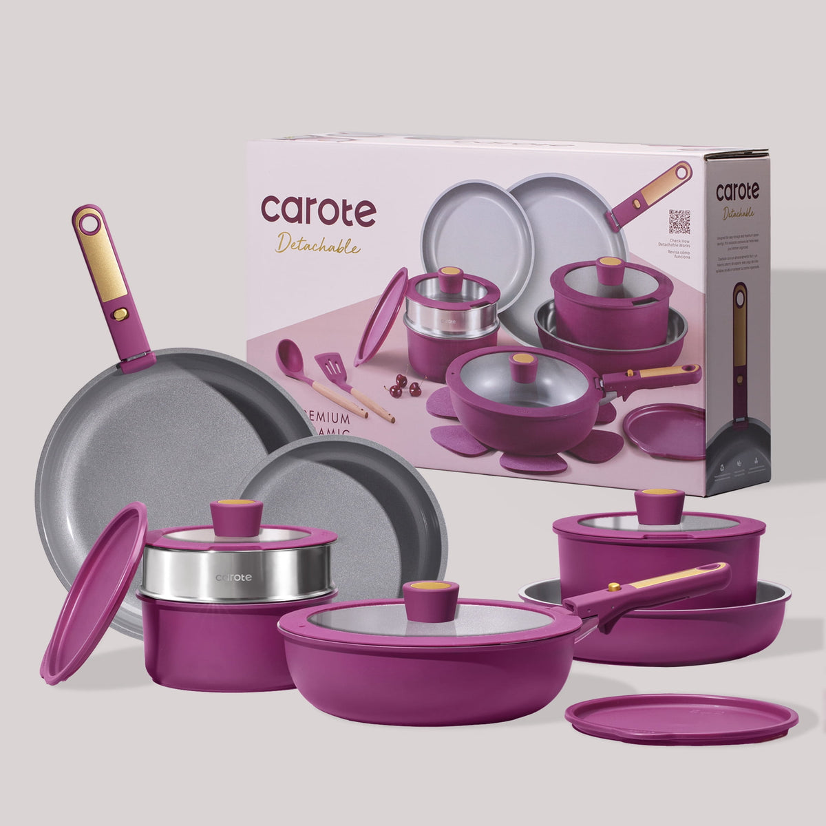 Garly Kitchen 21-Piece Nonstick Pots and Pans Set, Kitchen Cookware Set with Detachable Handle