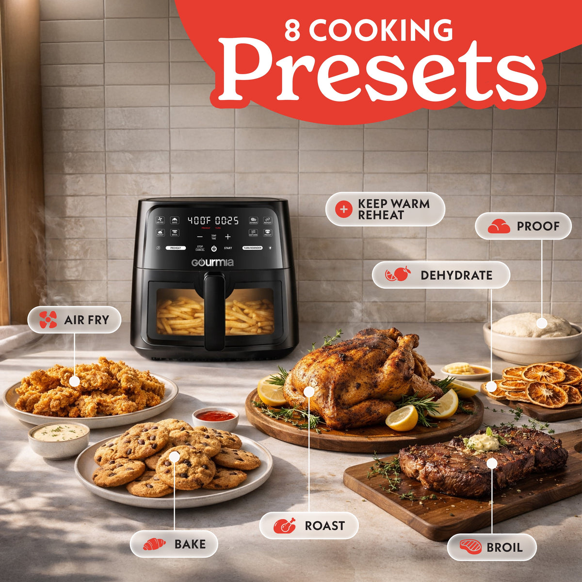 Garly Kitchen 8-Qt Air Fryer, 8 Presets with Digital Display, Easy View Window & Interior Light