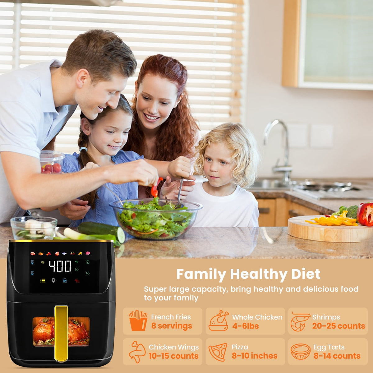 Garly Kitchen Newest Air Fryer Large 8.5-Qt, Black, 8-in-1 Touch Screen, View Window, 1750W