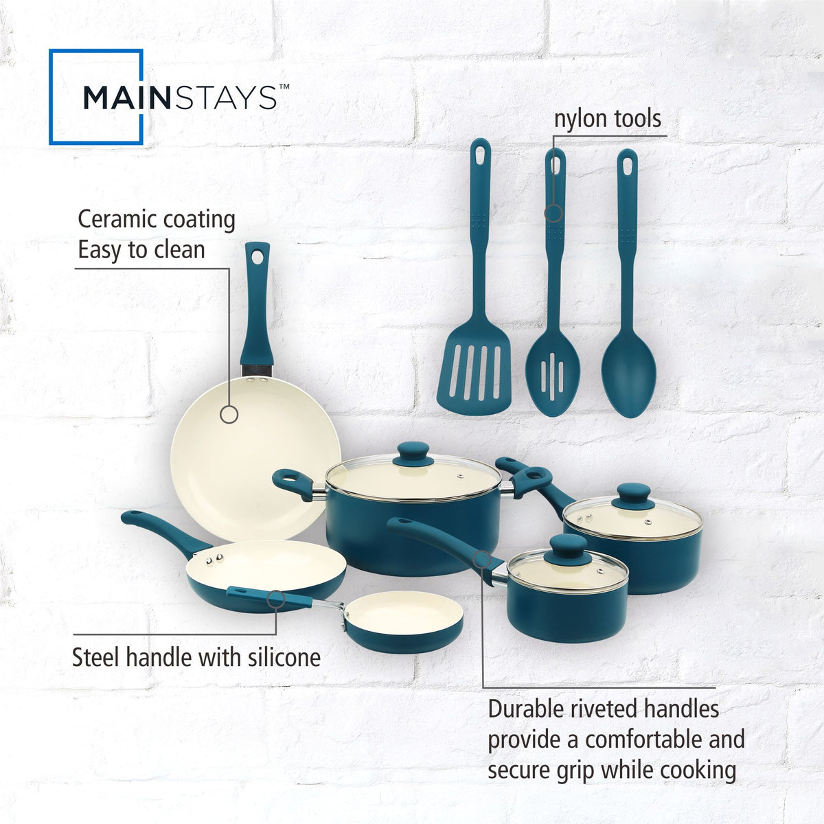 Garly Kitchen 12 Piece Ceramic Nonstick Aluminum Cookware Set, Corsair Blue