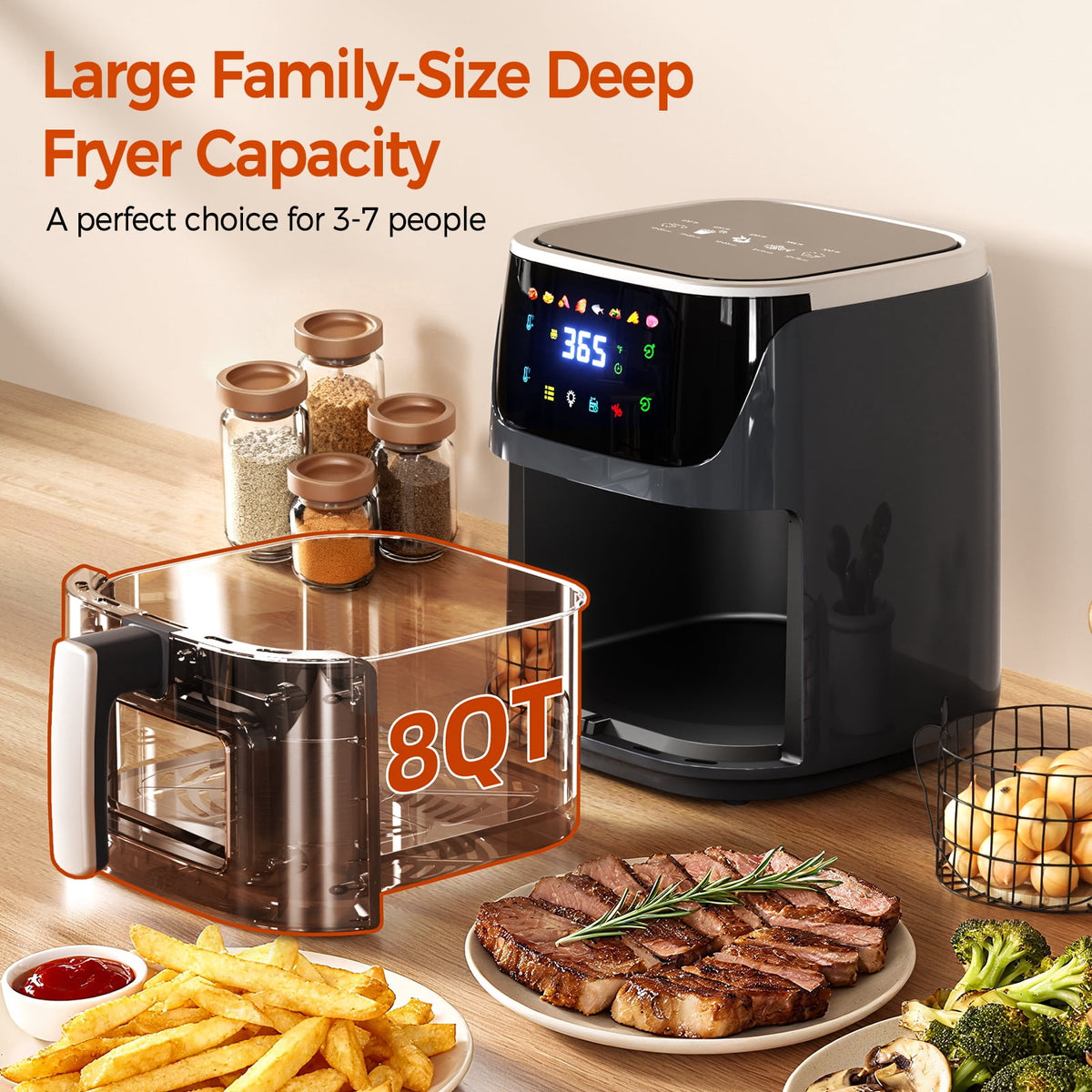 Garly Kitchen 8-Qt Air Fryer with 8 Food Preset, LED Digital Touch Screen, Roast, Reheat, Dehydrate