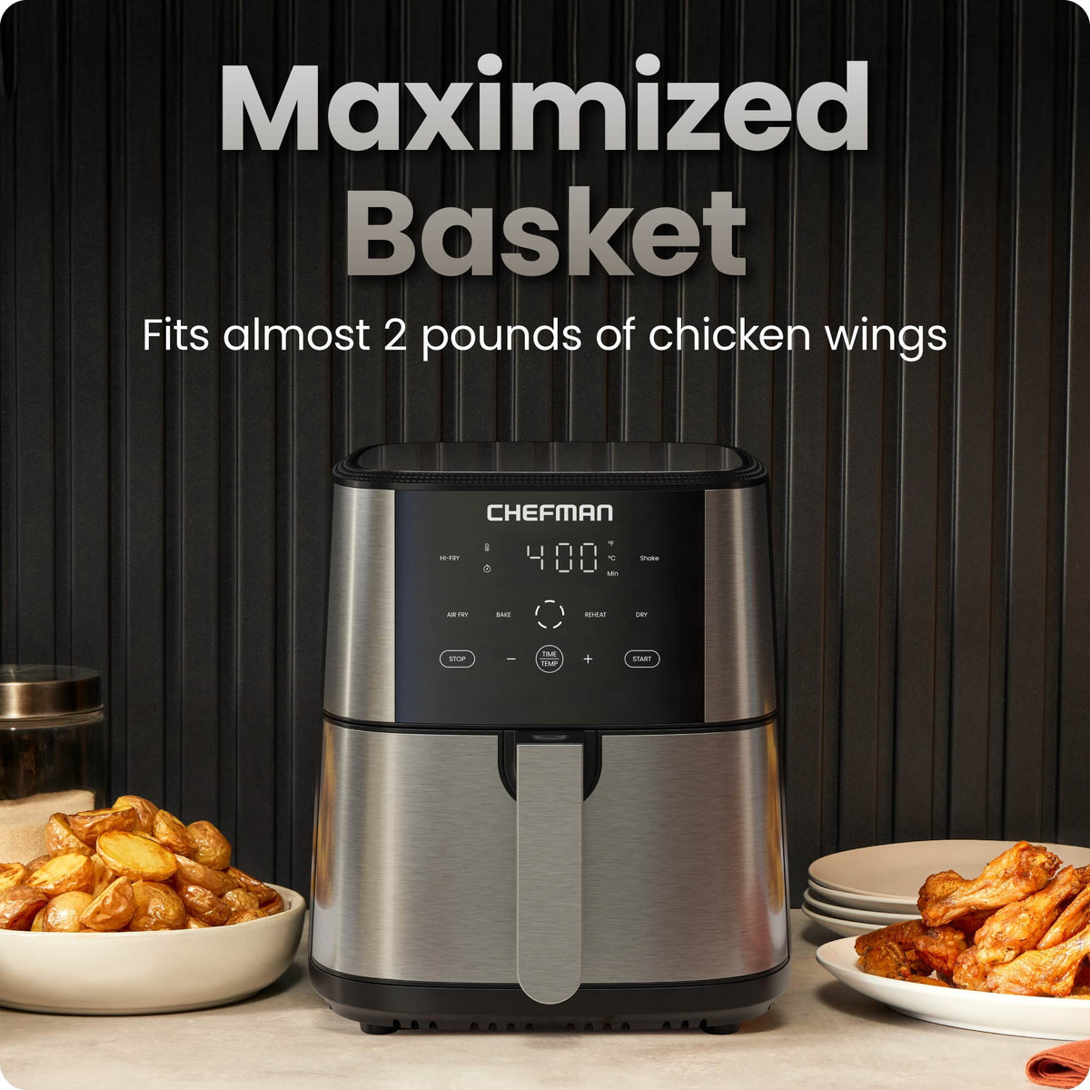 Garly Kitchen Air Fryer 1500W, 6-Qt, 4 Functions with Touch Controls, Stainless Steel