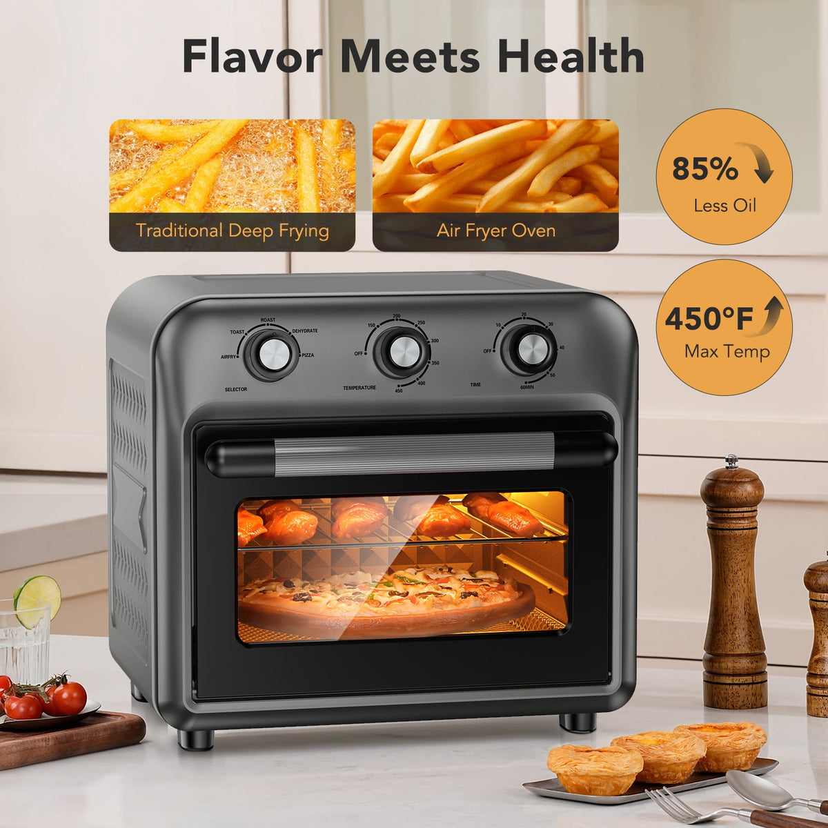 Garly Kitchen 21-Qt Air Fryer Toaster Oven with Convection, 5-in-1 Countertop Cooker, View Window