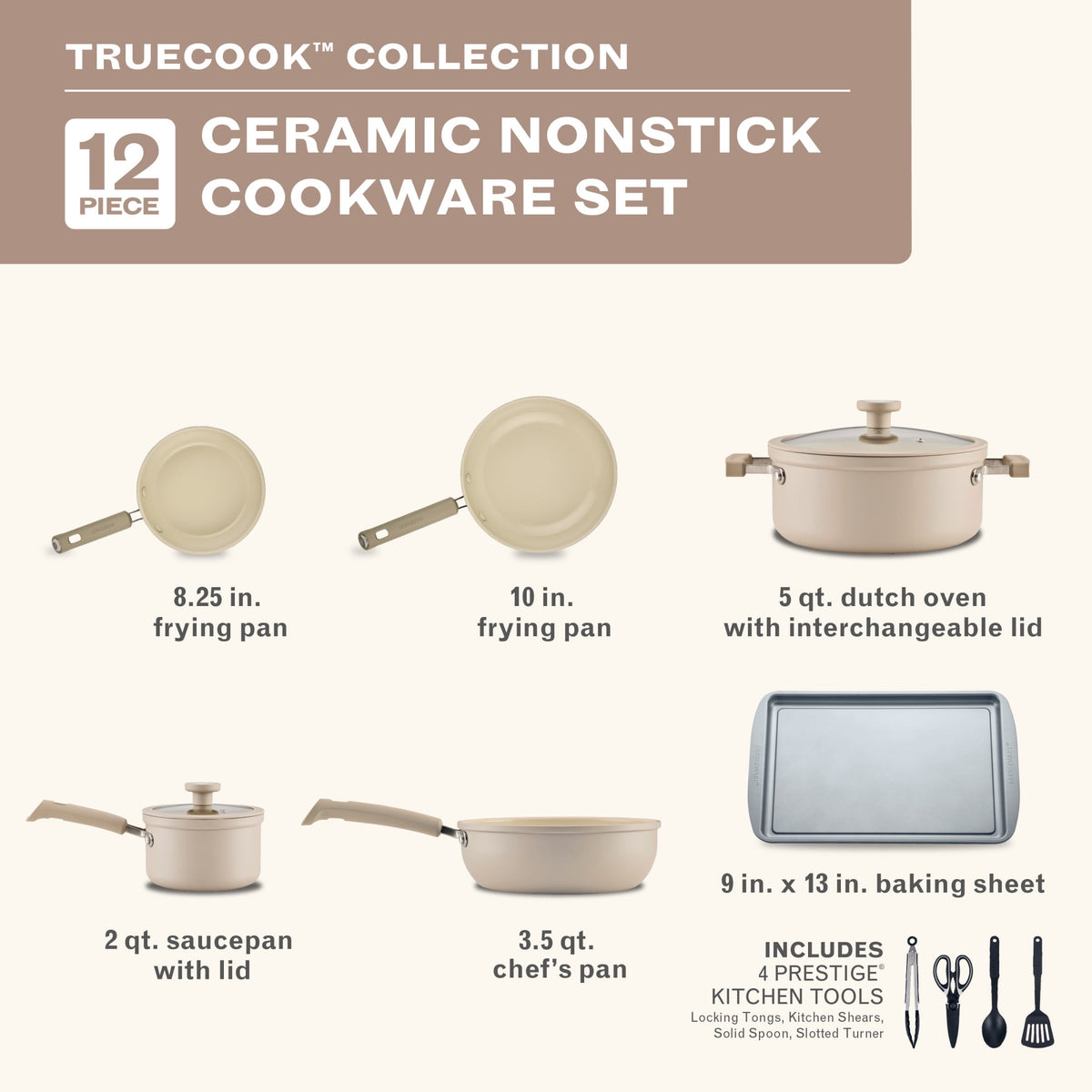 Garly Kitchen TrueCook 12-Piece Ceramic Cookware Set, Dishwasher Safe, Oven Safe to 350°F, Taupe