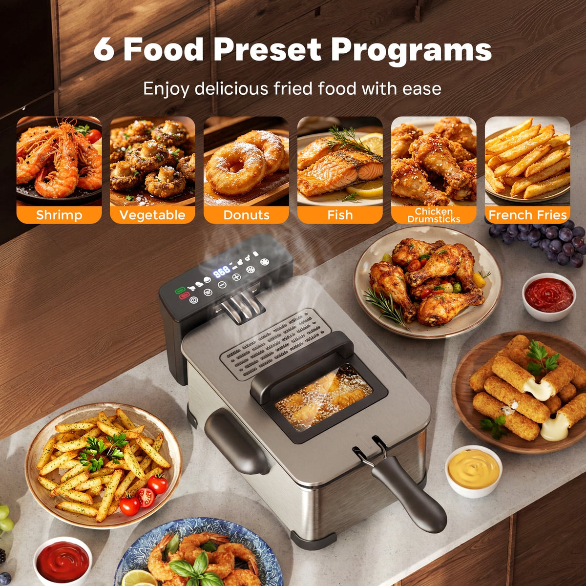 Garly Kitchen Deep Fryer with Basket, Electric Oil Fryer Pot, 6 Food Presets, Touchscreen, 1H Timer