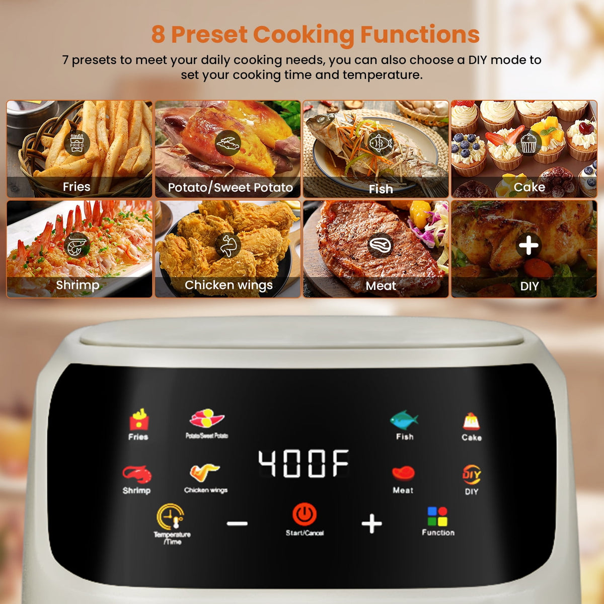 Garly Kitchen Air Fryer Large 7.5-Qt, 8-in-1 Digital Touchscreen, View Window, 1700W, Cream White