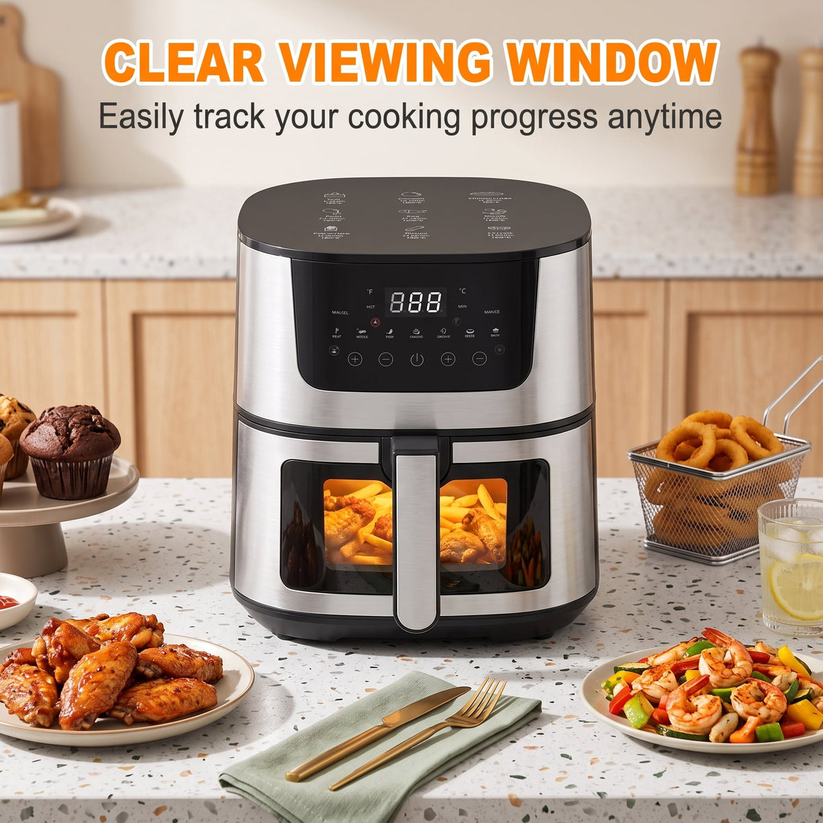 Garly Kitchen 7.5-Qt Air Fryer 9 Functions w/ Touch Controls, HI-FRY Button, Stainless Steel(Black)
