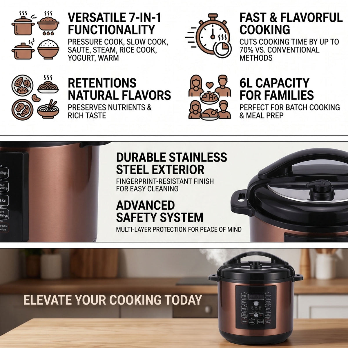 Garly Kitchen 6.5-Qt Electric Pressure Cooker, 12-in-1 Multi-Functional Slow Cooker, Rice Cooker