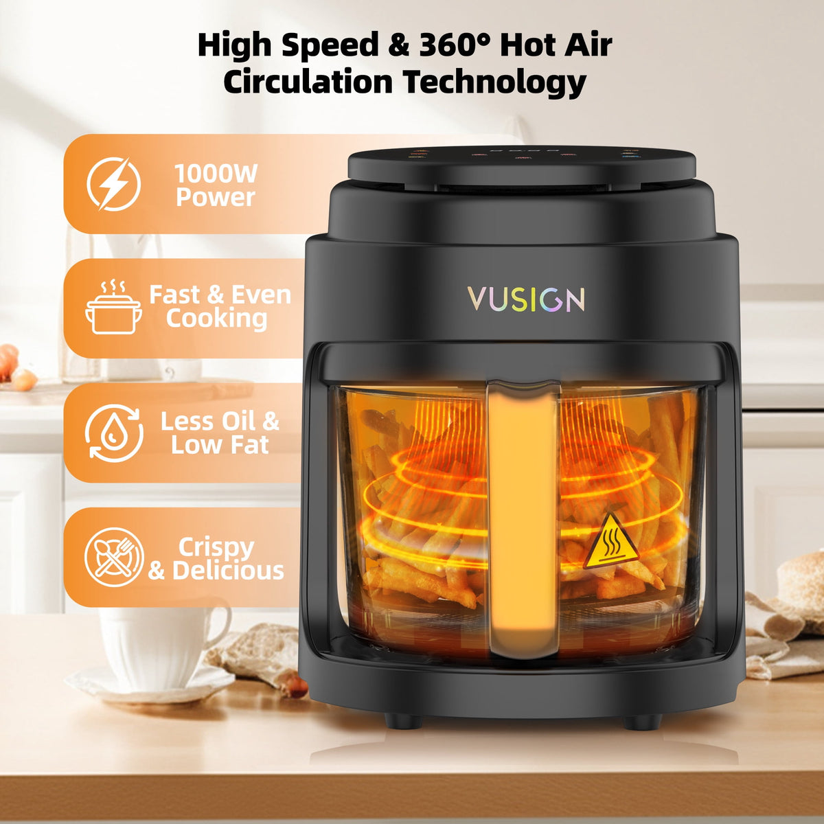 Garly Kitchen Air Fryer, 5-Qt Glass Air Fryer with Max 410°F, LED Digital Touchscreen