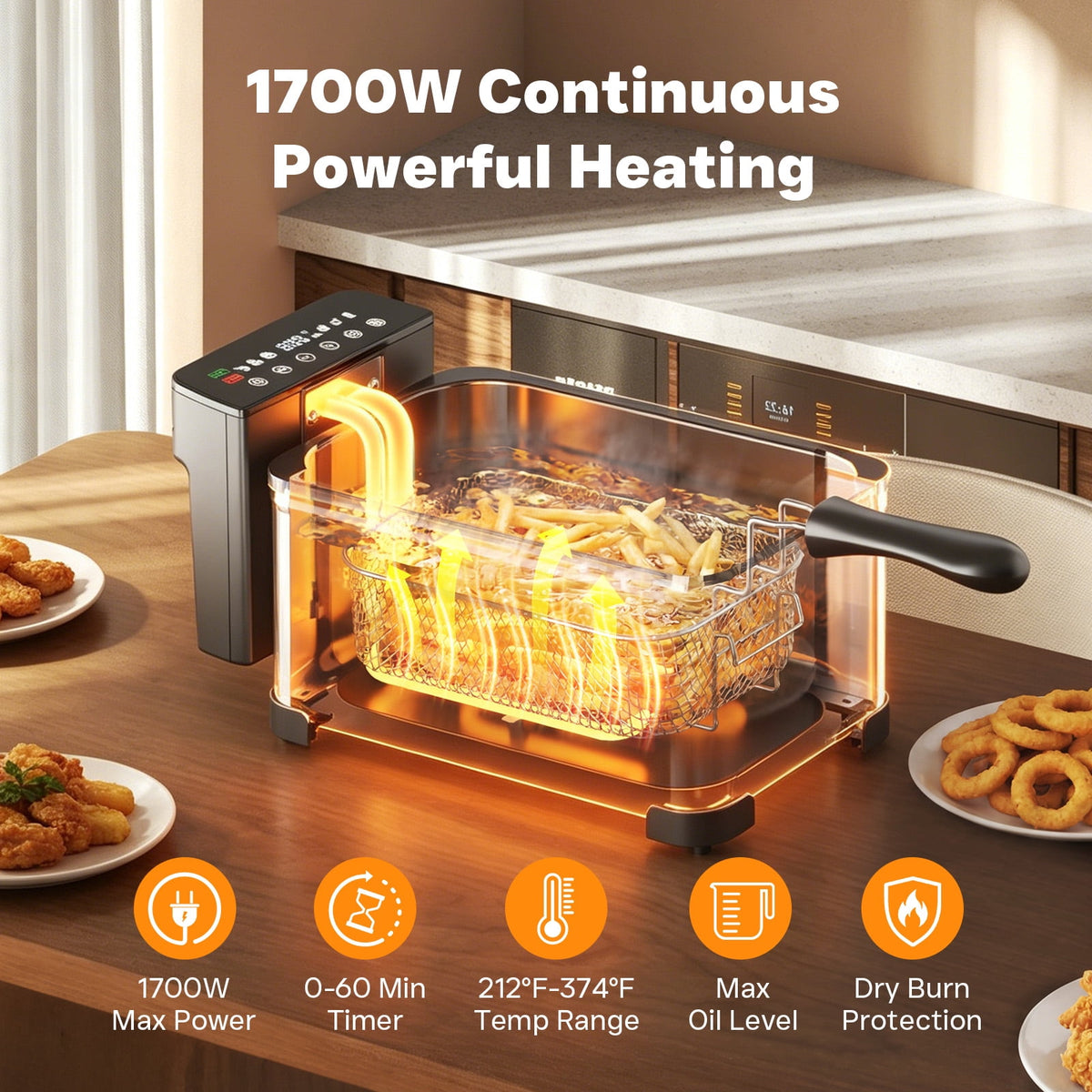 Garly Kitchen Deep Fryer with Basket, Electric Oil Fryer Pot, 6 Food Presets, Touchscreen, 1H Timer