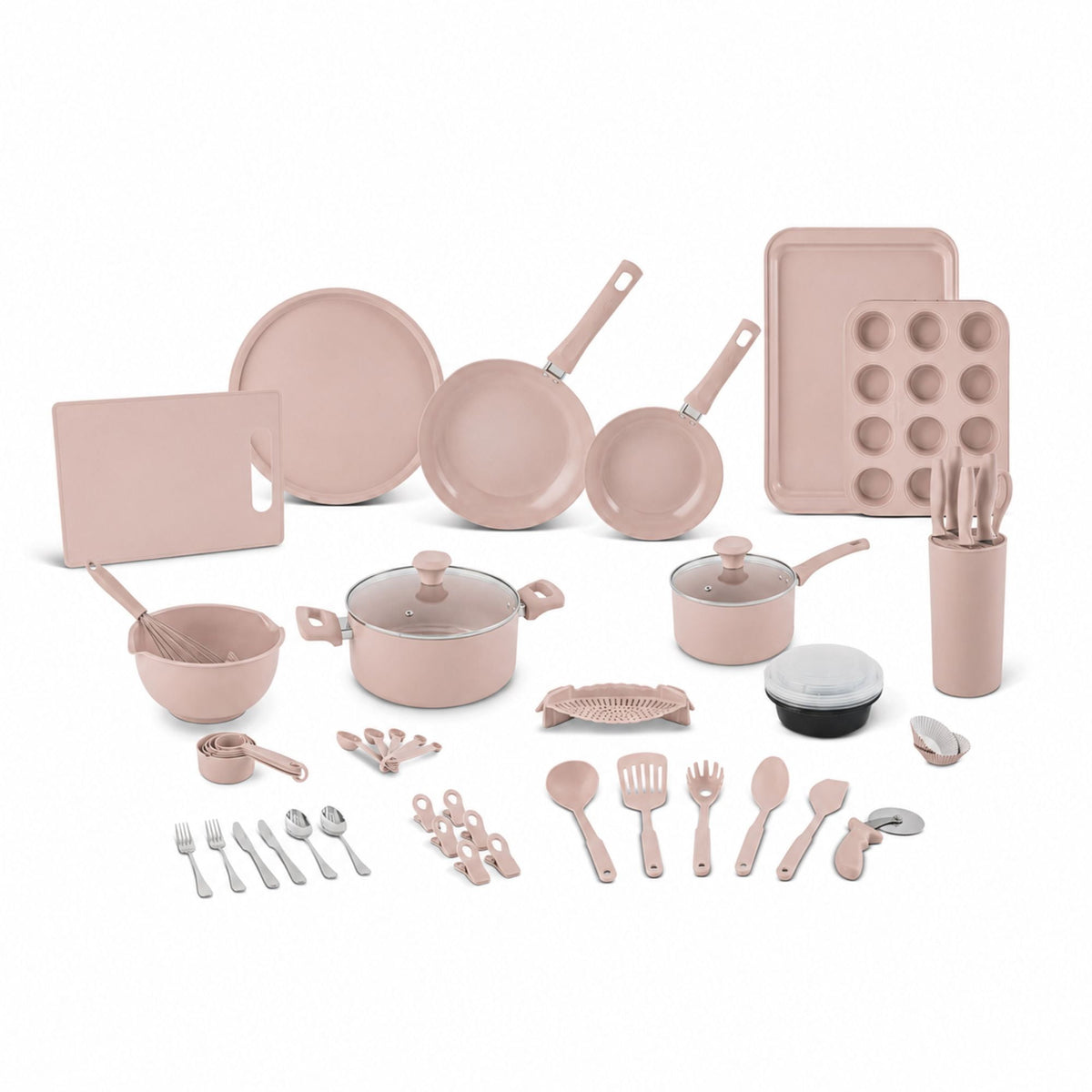 Garly Kitchen Elements by Thyme & Table 60-Piece Ceramic Non-Stick Cookware Set - Dusty Rose