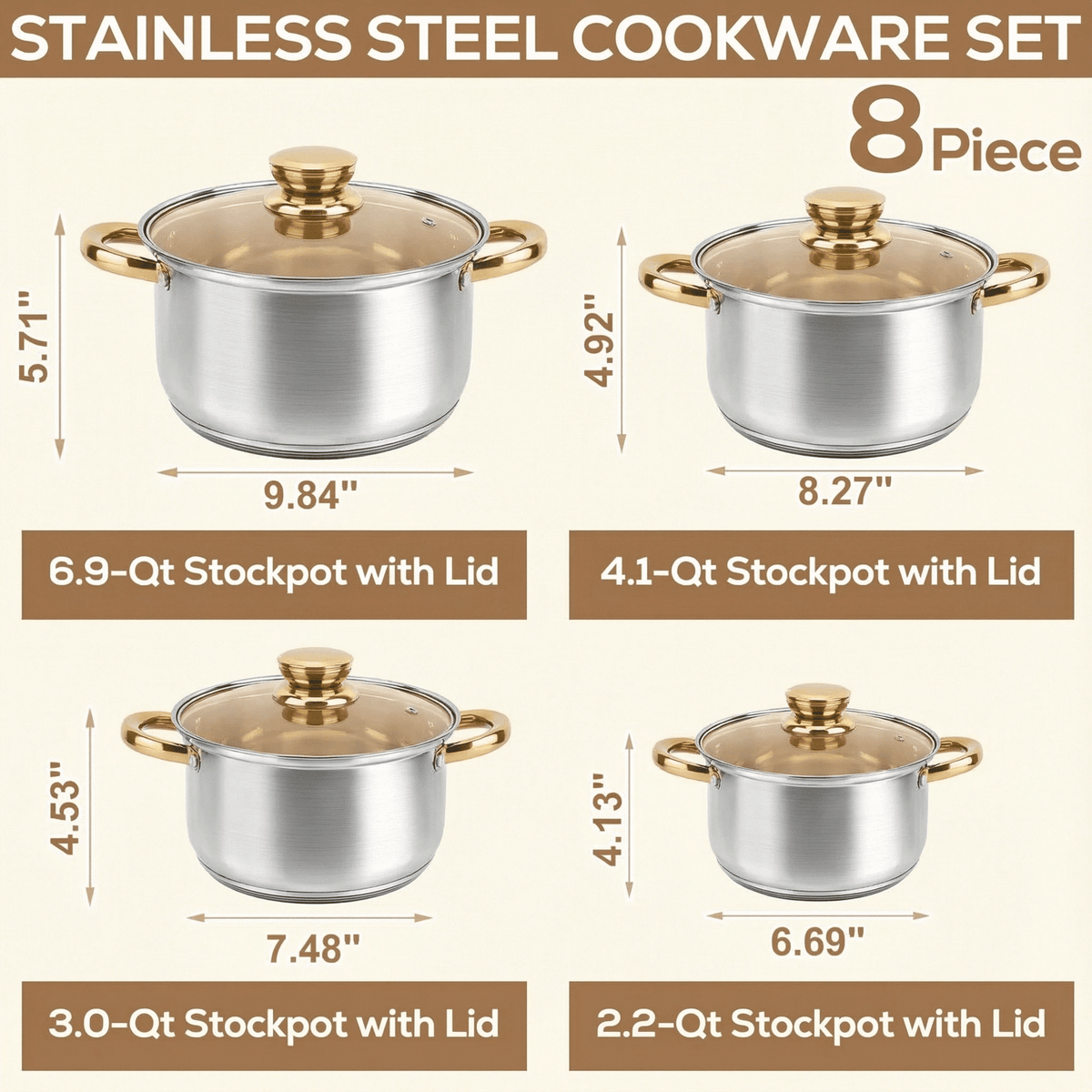 Garly Kitchen Stainless Steel 8 Pieces Cookware Set with Lids, 4 Pots + Glass Lids