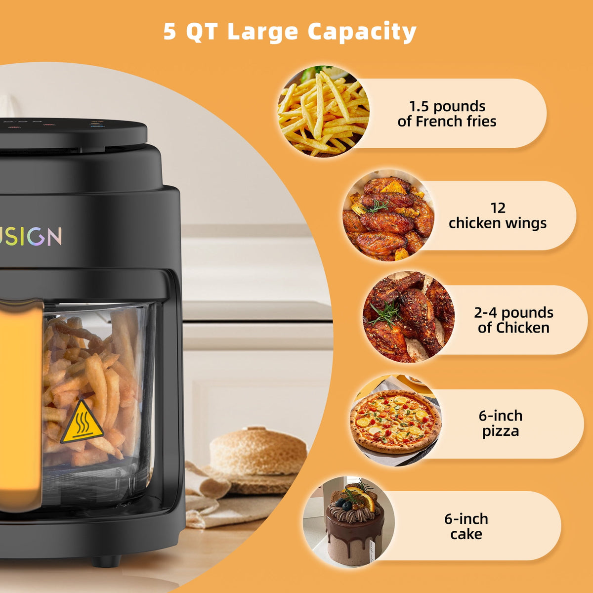 Garly Kitchen Air Fryer, 5-Qt Glass Air Fryer with Max 410°F, LED Digital Touchscreen