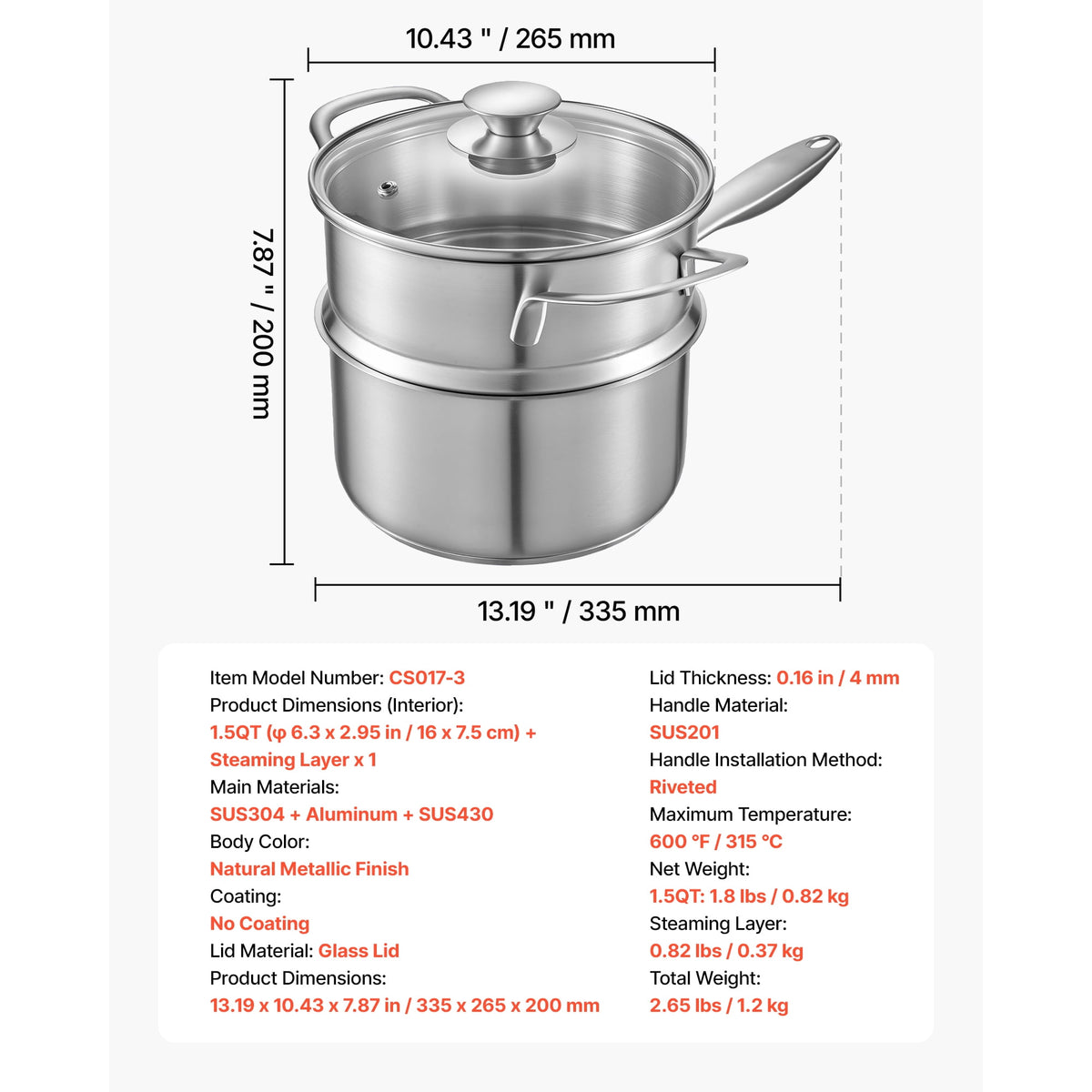 Garly Kitchen 1.5-Qt Stainless Steel Saucepan with Steamer, Multipurpose Sauce Pot with Glass Lid