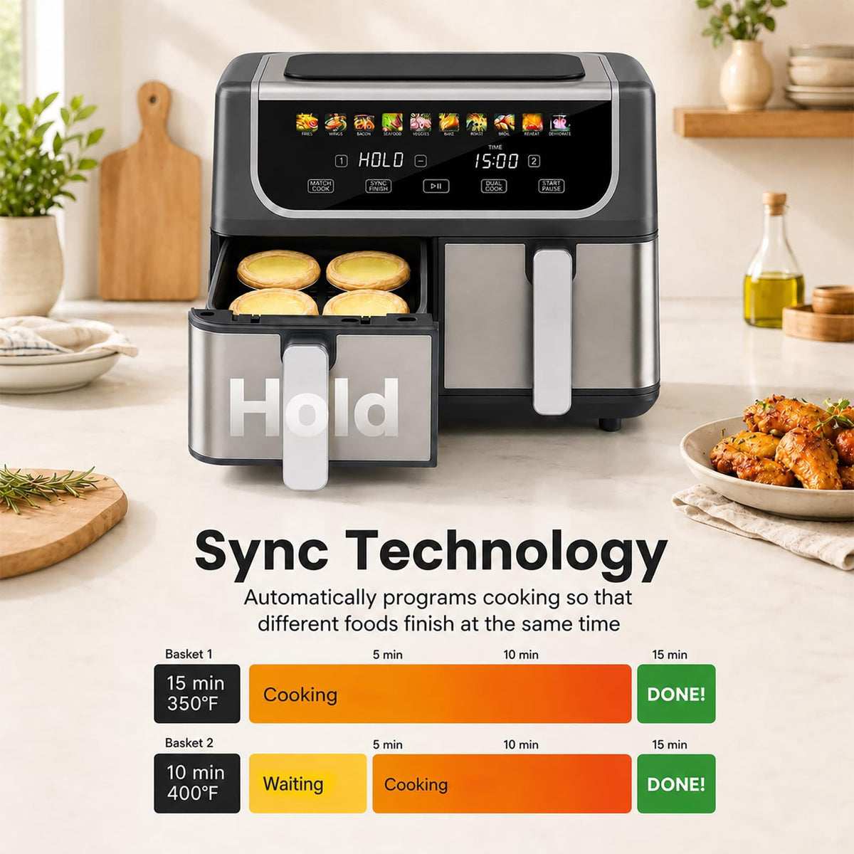 Garly Kitchen 9-Qt Dual Basket Air Fryer, LED Display, SYNC Match Cook, Dual Controls, 1700W