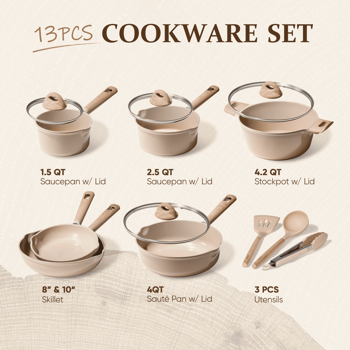 Garly Kitchen Ceramic Nonstick Pots and Pans Set, 13 Pieces Non-Toxic Kitchen Cookware Sets