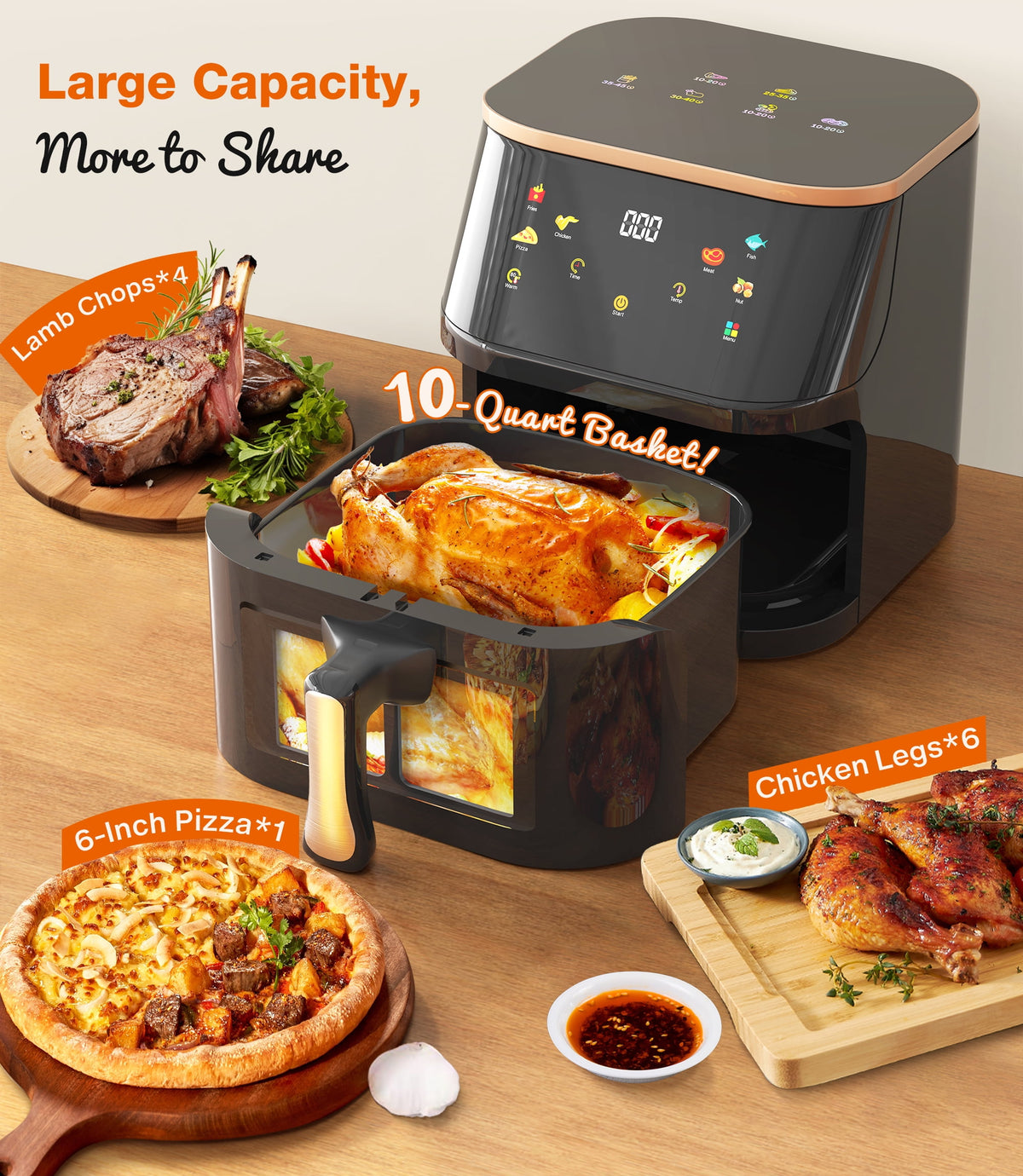 Garly Kitchen Air Fryer 8-Qt Max 450F for Cooking, 6 Presets Fry Touch Panel Easy View Window