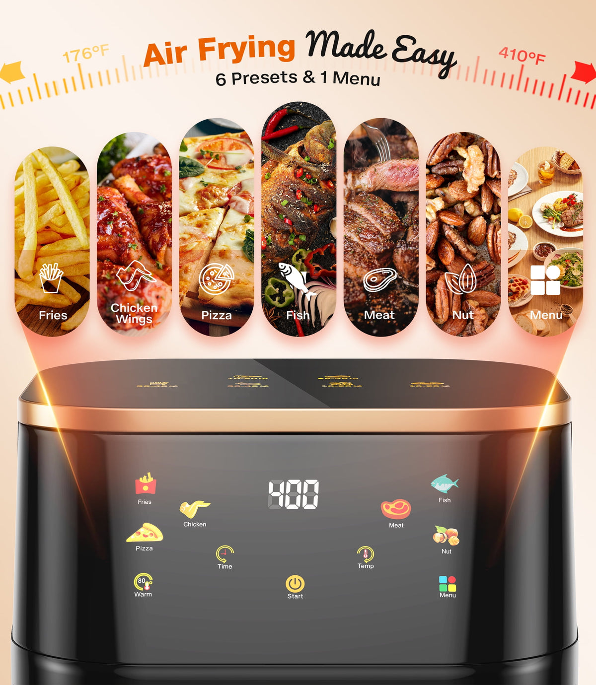 Garly Kitchen Air Fryer 8-Qt Max 450F for Cooking, 6 Presets Fry Touch Panel Easy View Window