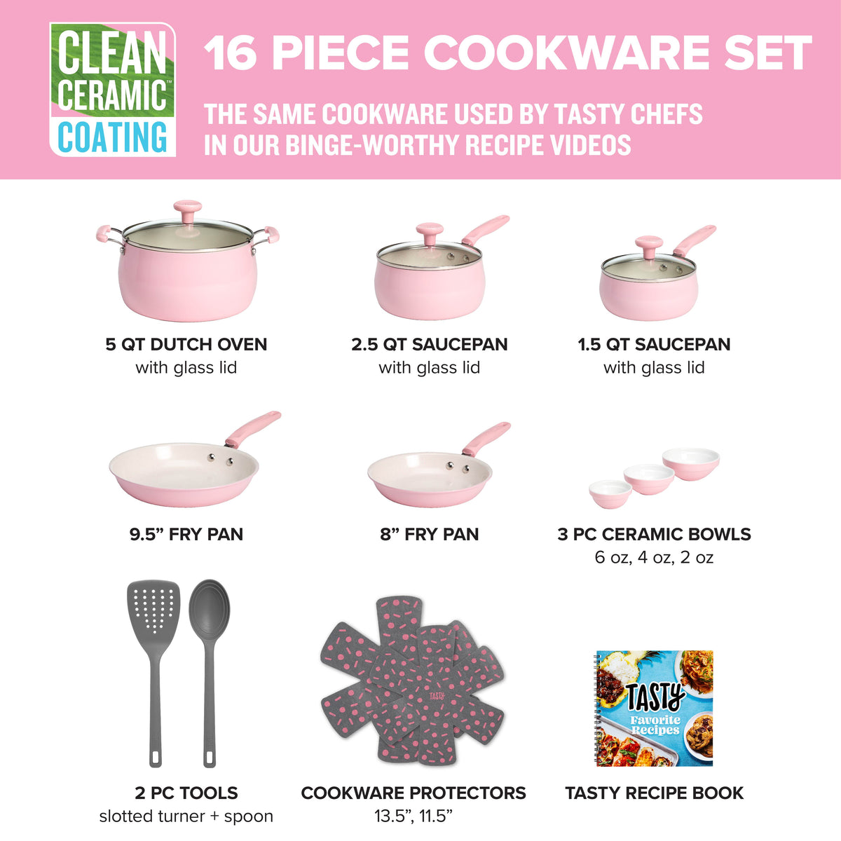 Garly Kitchen Tasty Clean Ceramic 16 Piece Non-Stick Aluminum Cookware Set, Pink