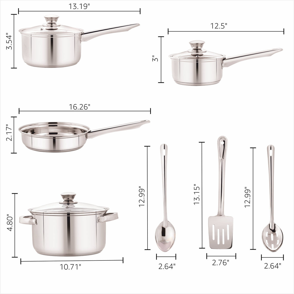 Garly Kitchen Stainless Steel 10-Piece Cookware Set with Lids and Utensils