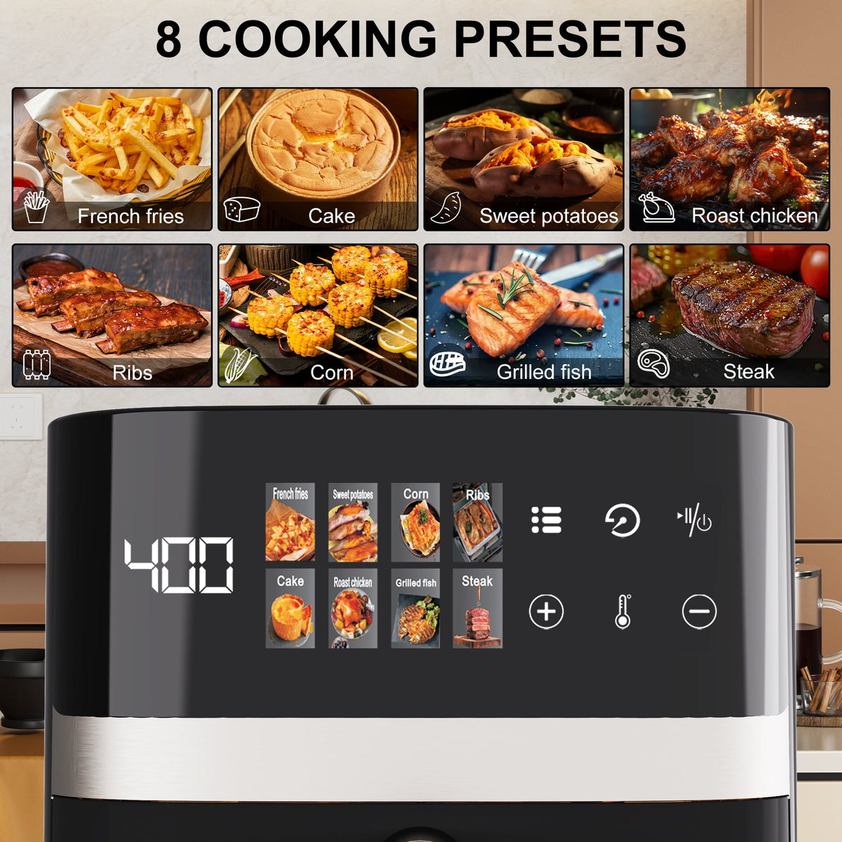 Garly Kitchen 6-Qt Air Fryer, 8-in-1 Electric Hot Oven with Digital LED Touchscreen, View Window