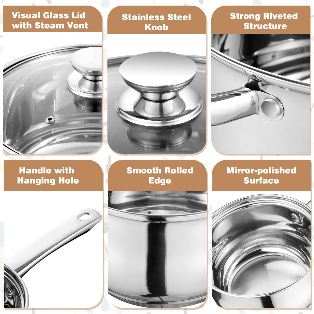 Garly Kitchen 13-Piece Stainless Steel Cookware Set, Kitchen Pots and Pans Set with Glass Lid