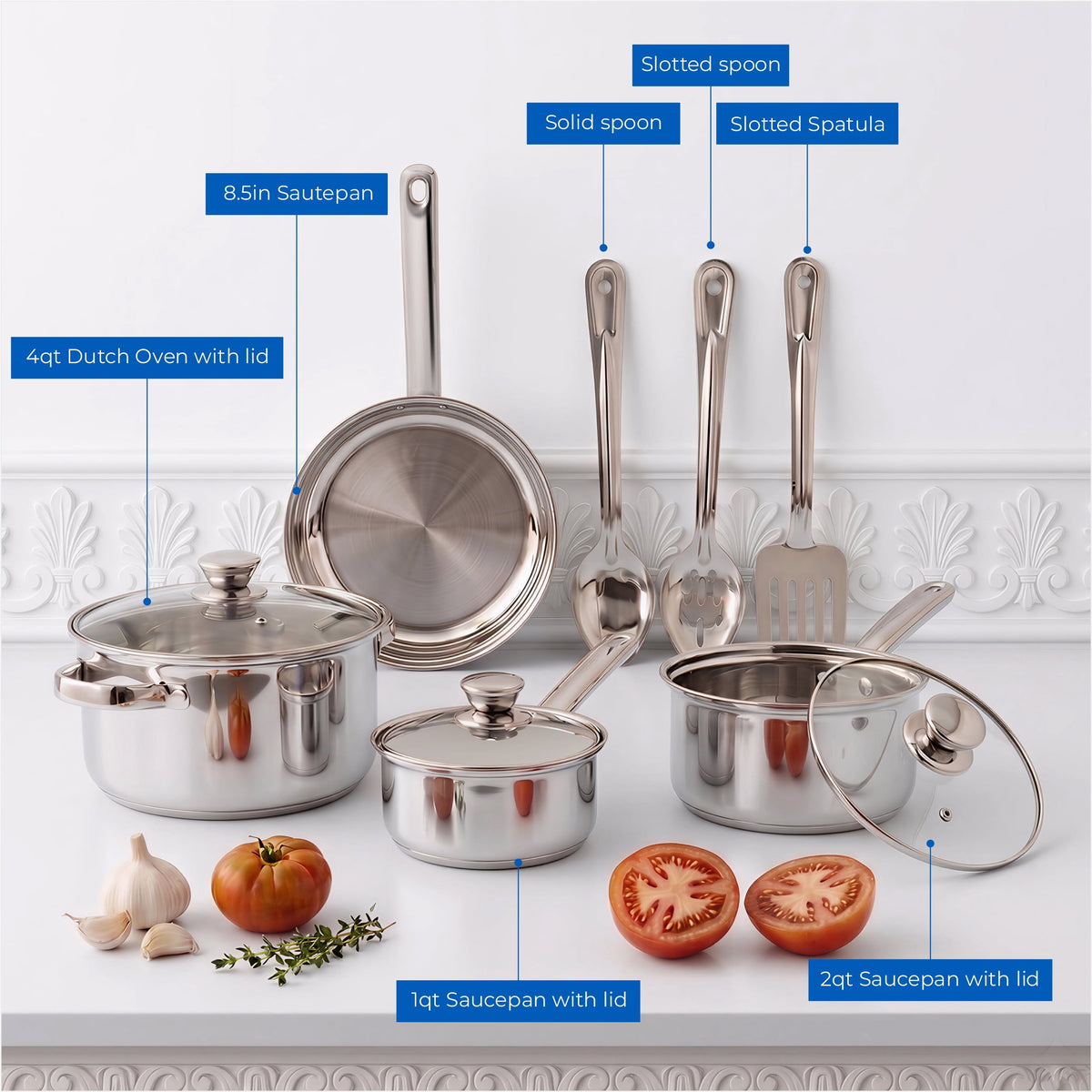 Garly Kitchen Stainless Steel 10-Piece Cookware Set with Lids and Utensils