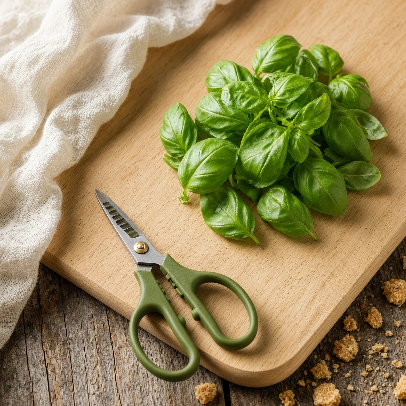 Herb shears beside fresh herbs